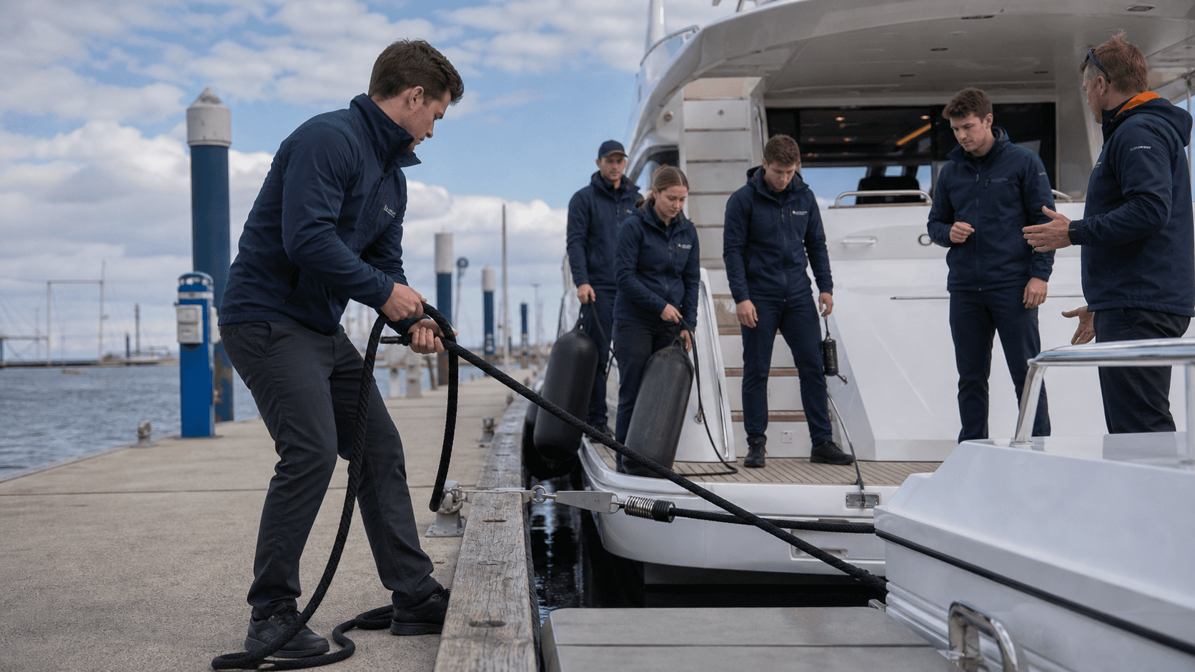 Superyacht deck crew practicing practical seamanship on a marina pontoon