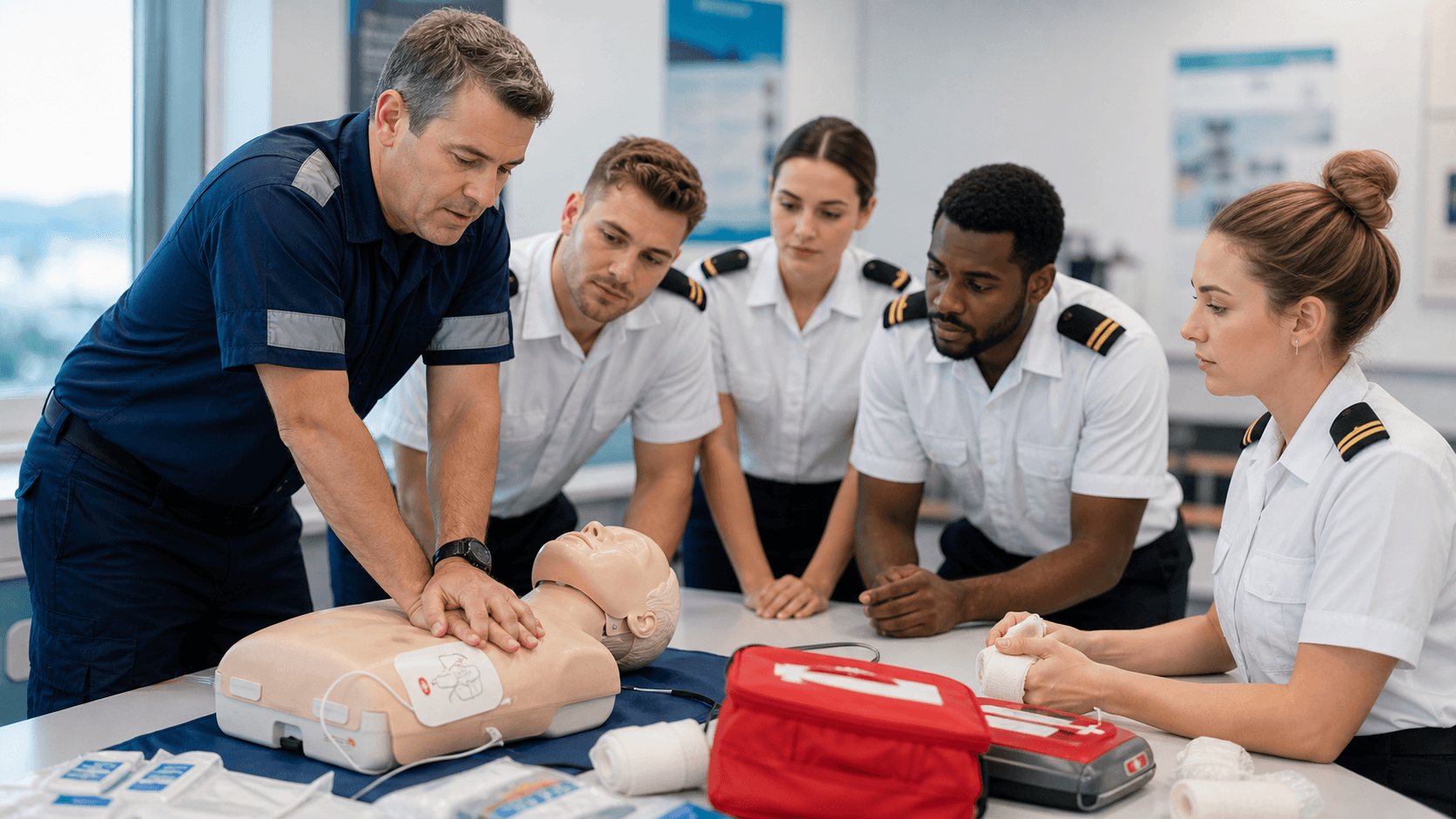 Maritime first aid training with instructor and students around a training manikin