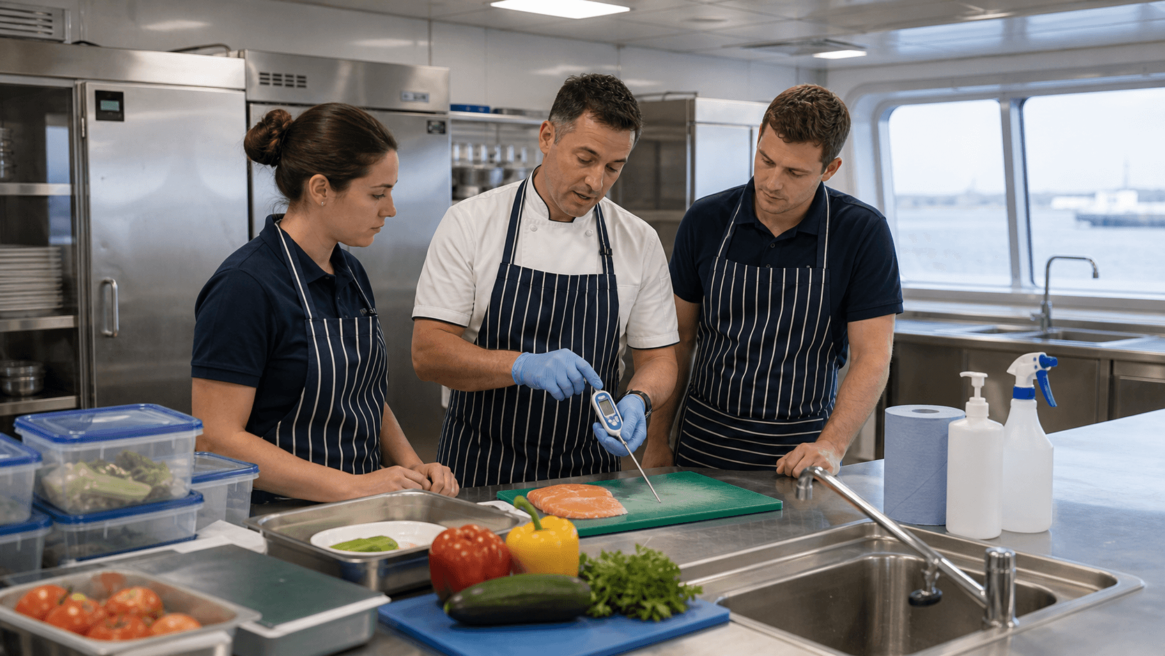 Food safety at sea training in a clean maritime galley classroom
